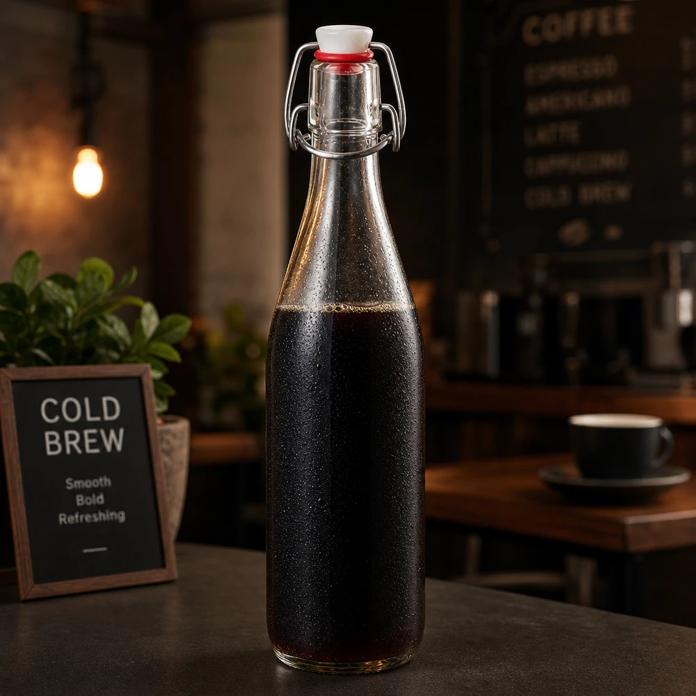 Bottiglia di vetro da 500 ml + tappo oscillante in porcellana UNITWIST Bottiglia di vetro da 500 ml con tappo girevole riempita di caffè cold brew nell'atmosfera di un bar accanto a un cartellone pubblicitario