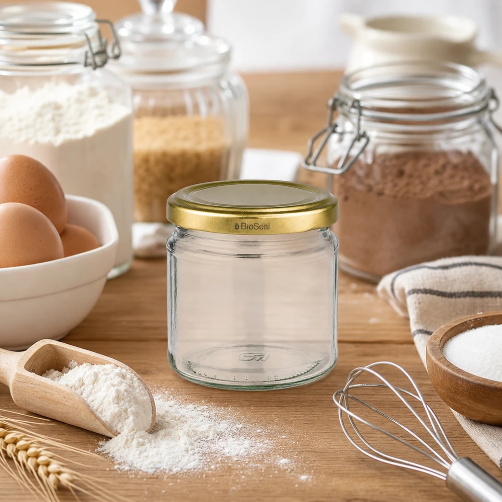Leeres UNiTWIST Rundglas 212ml mit goldenem TO66 BioSeal Deckel inmitten von Backzutaten und Küchenutensilien