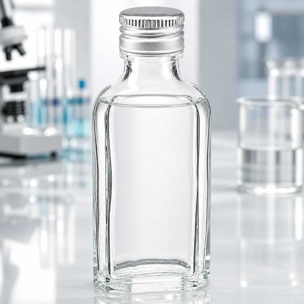 Leere transparente Meplat Minitaschenflasche 50ml mit gebördeltem Silberdeckel PP22 aus hochwertigem Glas