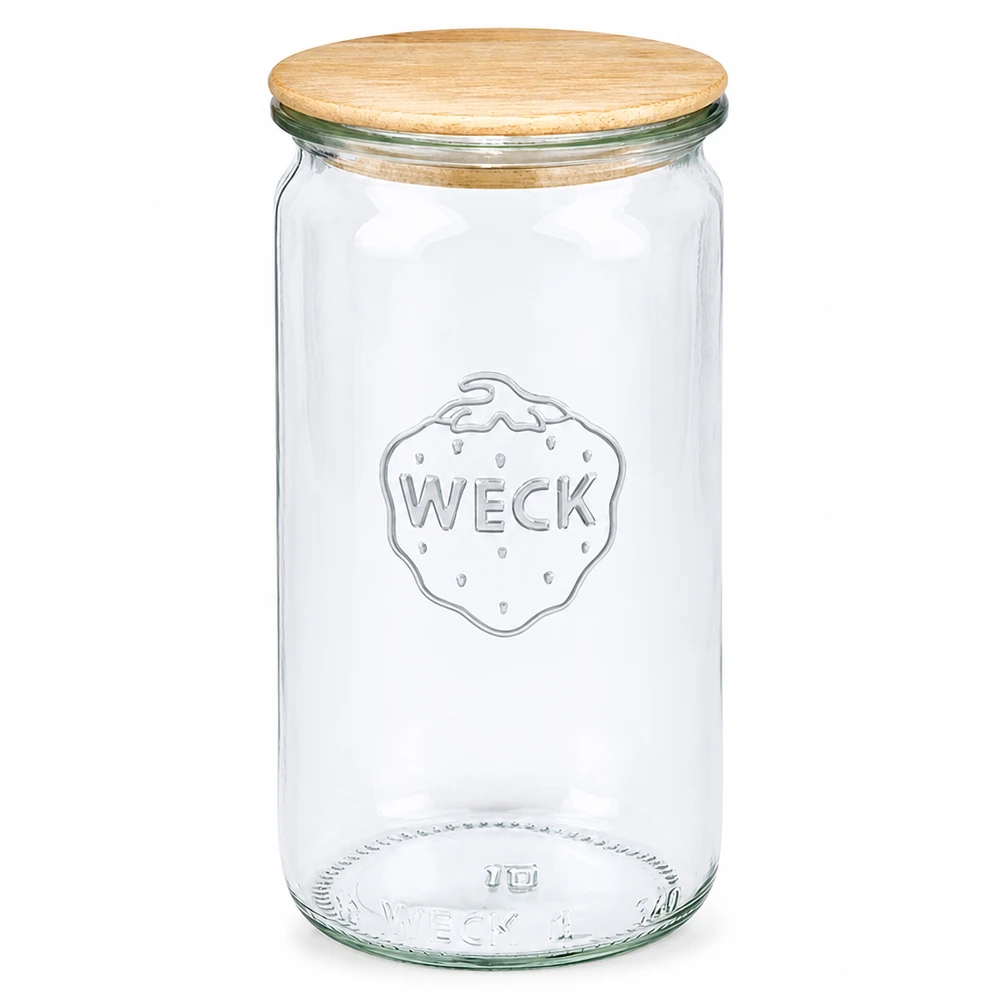 Vaso cilindrico WECK 340ml RR60 con coperchio in legno Vaso per conserve trasparente in vetro con coperchio in legno naturale