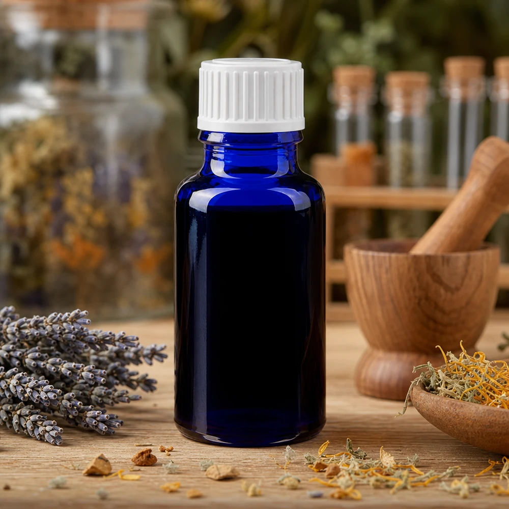 Apothekerflasche 20ml blau mit 3mm Tropfeinsatz für medizinische Kräuterextrakte