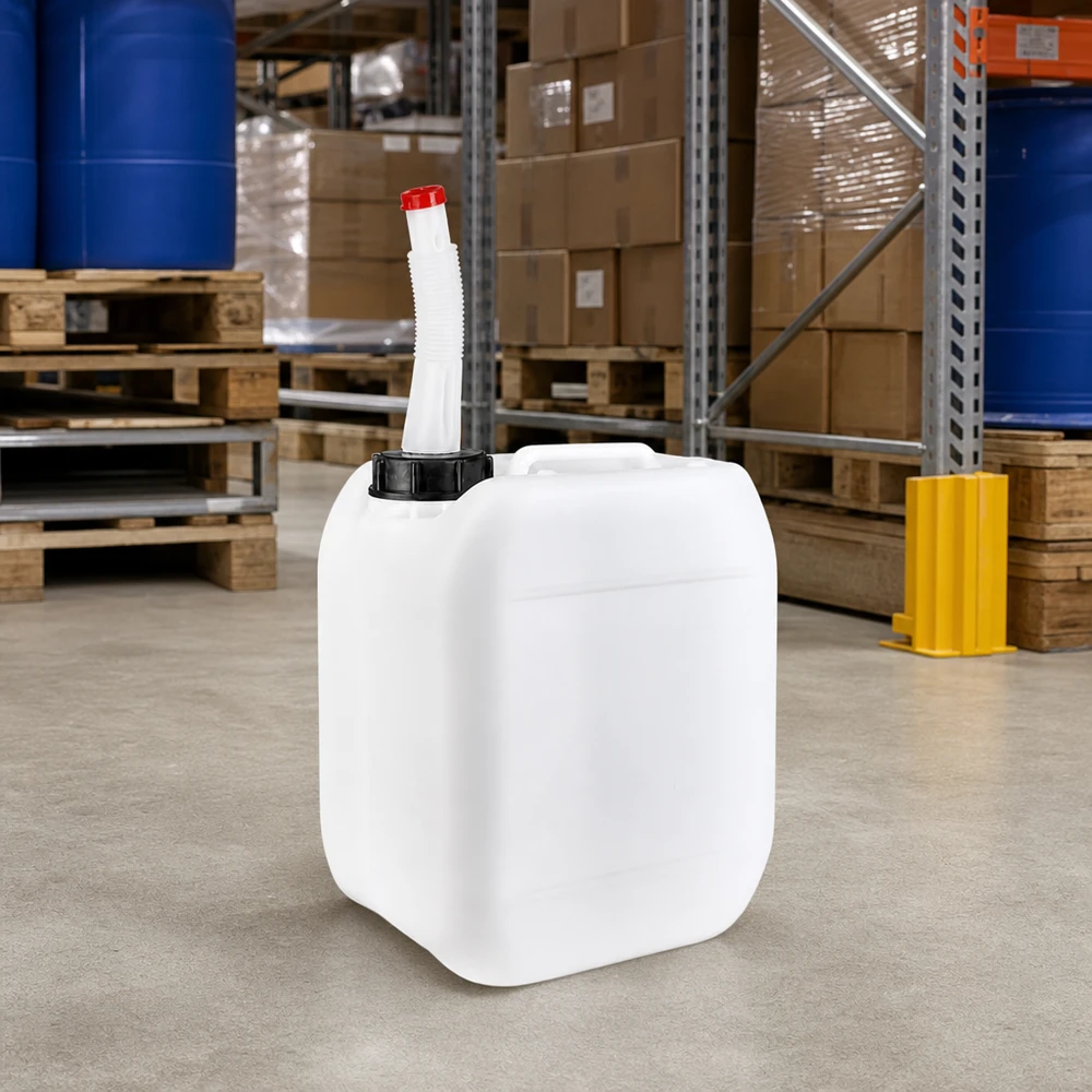 Bidon 5 litres avec tuyau d'écoulement Flex Bidon rectangulaire en plastique de 5 litres avec tube de remplissage flexible et bouchon rouge, en stock