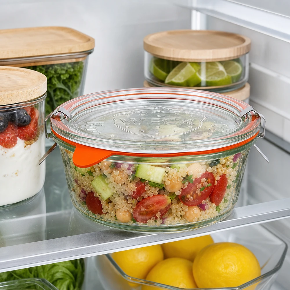 Vasetto gourmet da 300 ml completo WECK RR120 Vaso gourmet WECK da 300 ml RR120 in frigorifero con insalata di quinoa, per la preparazione dei pasti insieme ad altri vasi di conservazione