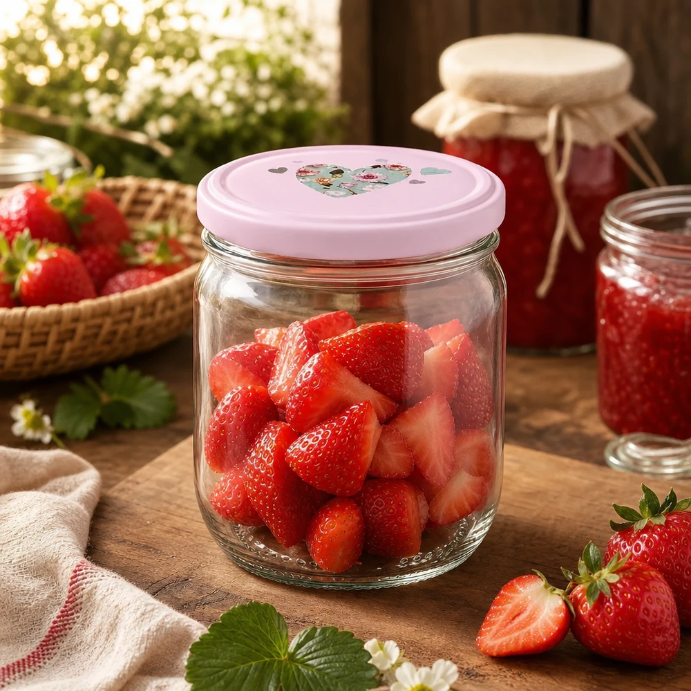 425ml Rundglas + BasicSeal Deckel Herz rosa UNiTWIST Frische Erdbeerstücke in 425ml Rundglas rosa Herz-Deckel Obstkonservierung Marmeladenherstellung Küche