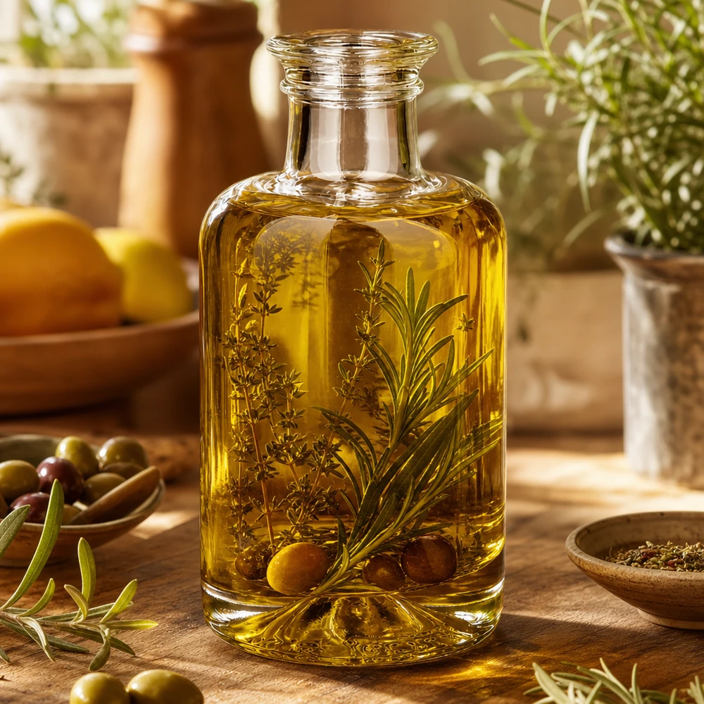 Flacone farmaceutico da 100 ml Sofia senza tappo UNiTWIST® Bottiglia di vetro da 100 ml di Sofia riempita di olio alle erbe disposta in modo decorativo con olive ed erbe fresche su un tavolo di legno