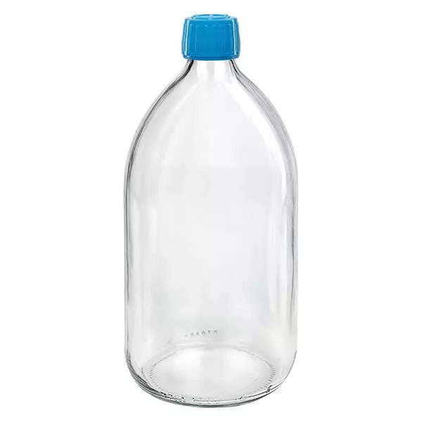 Flacone per medicinali da 1000ml trasparente, tappo blu antimanomissione