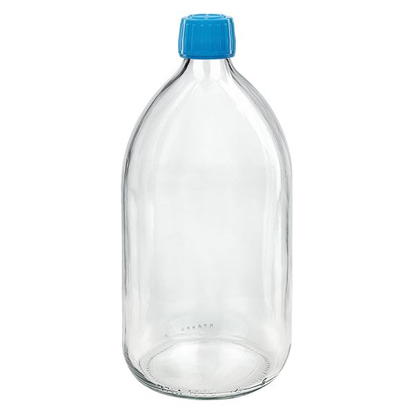 1000ml Medizinflasche klar, Verschluss blau mit Originalitätsring ApoGlas