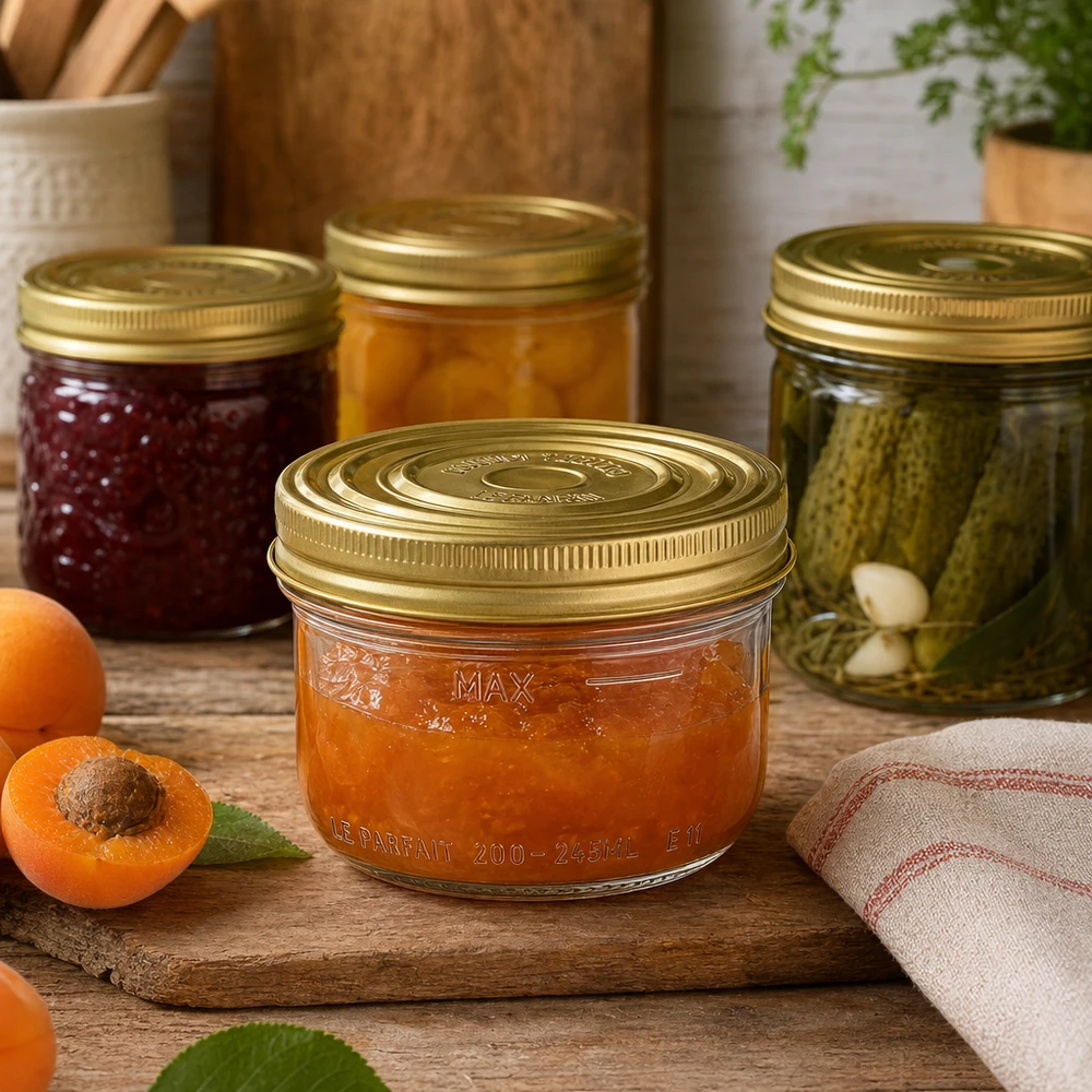 Le Parfait® Familia Wiss 200 g Ø82 mm vaso Vasetto Familia Wiss da 245 ml con coperchio dorato riempito di marmellata di albicocche su una tavola di legno accanto ad albicocche fresche