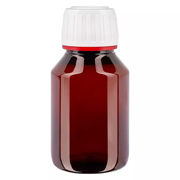 Flacon médical en PET brun avec bouchon blanc/rouge