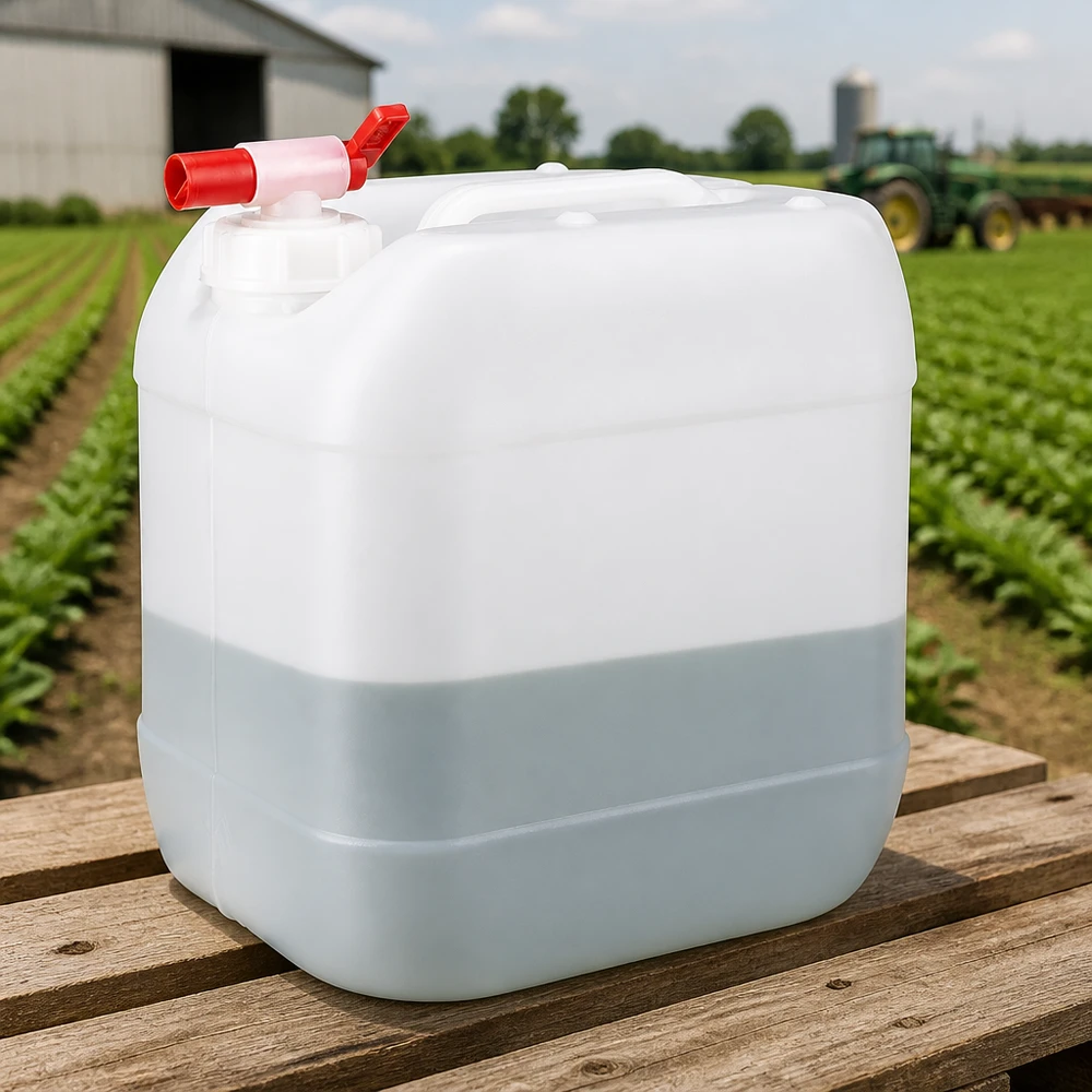Jerrican de 15 litres avec robinet Bidon transparent de 15 litres muni d'un robinet rouge, posé sur une palette en bois devant une exploitation agricole