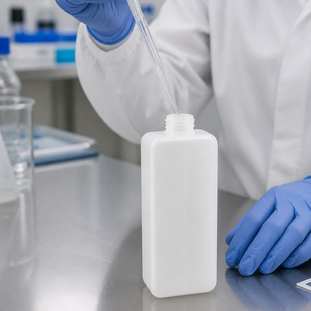 Flacon à produits chimiques 1000 ml à col étroit, PEHD couleur naturelle, GL 32 Bouteille à col étroit en PE-HD résistante aux produits chimiques, 1 000 ml, GL 32, posée sur une paillasse de laboratoire en acier inoxydable
