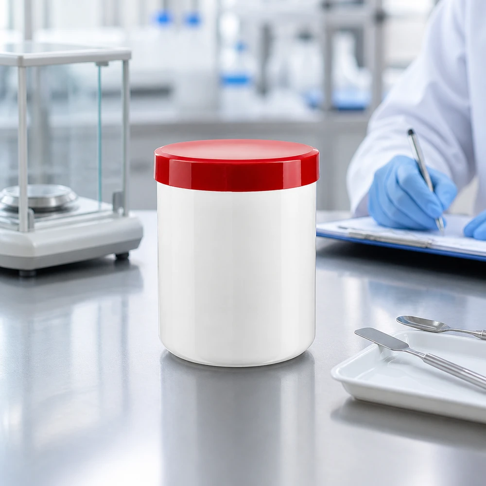 Pot à onguent blanc 250 g avec couvercle rouge (PP) Pot à pommade vide de 250 g en plastique PP blanc avec couvercle à vis rouge – Environnement de laboratoire – Vue de dessus