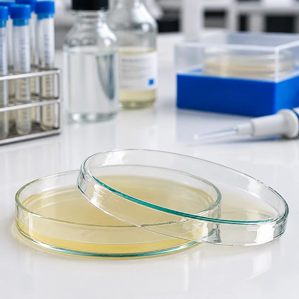 Boîte de Petri en verre 100x10 mm Boîte de Pétri de 100 x 10 mm en verre transparent sans borosilicate, contenant de la gélose de culture jaune, en laboratoire