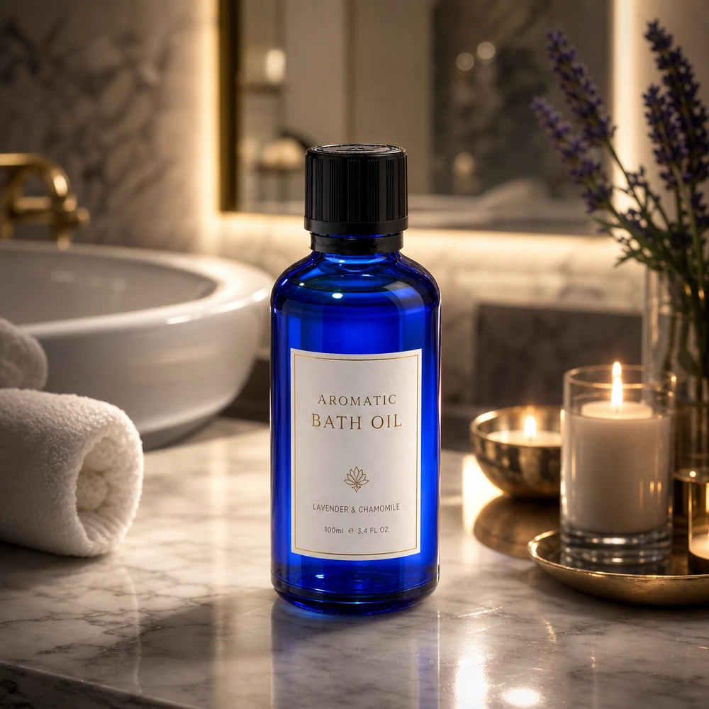 Flacon en verre d'apothicaire bleu de 50 ml muni d'un compte-gouttes de 1 mm, posé sur du marbre à côté de bougies allumées dans une salle de bain bien-être