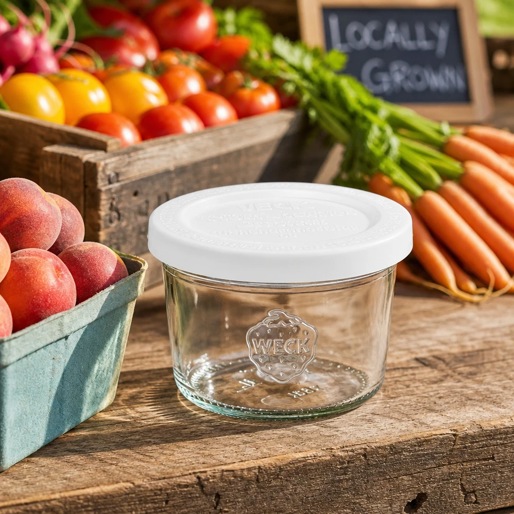 Bocal en verre de 80 ml avec couvercle hermétique WECK RR60 80ml WECK Sturzglas RR60 mit Frischedeckel zwischen frischem Gemüse Obst auf rustikalem Holztisch für natürliche Vorrats