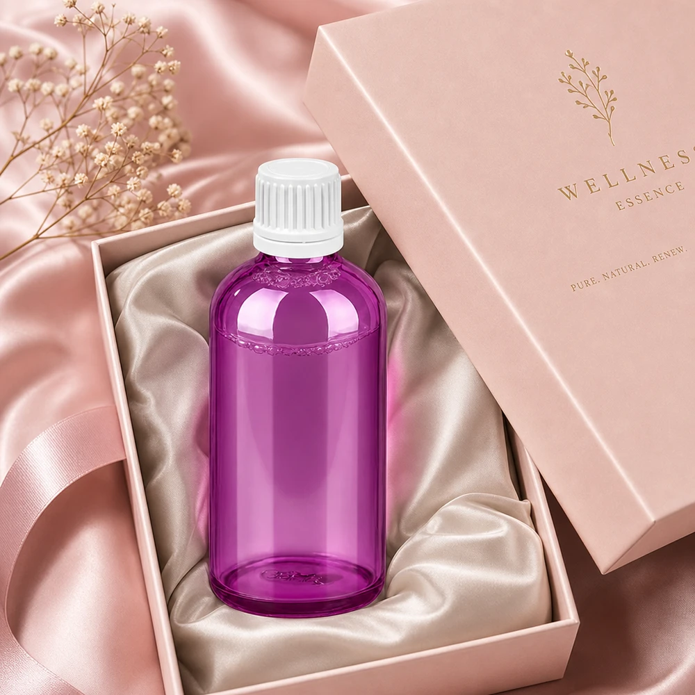 Bottiglia da 100ml tappo a vite 11mm bianco Originalità tappo a vite PurpleLine UT18/100 Flacone viola trasparente da 100 ml con tappo bianco a prova di bambino per applicazioni farmaceutiche