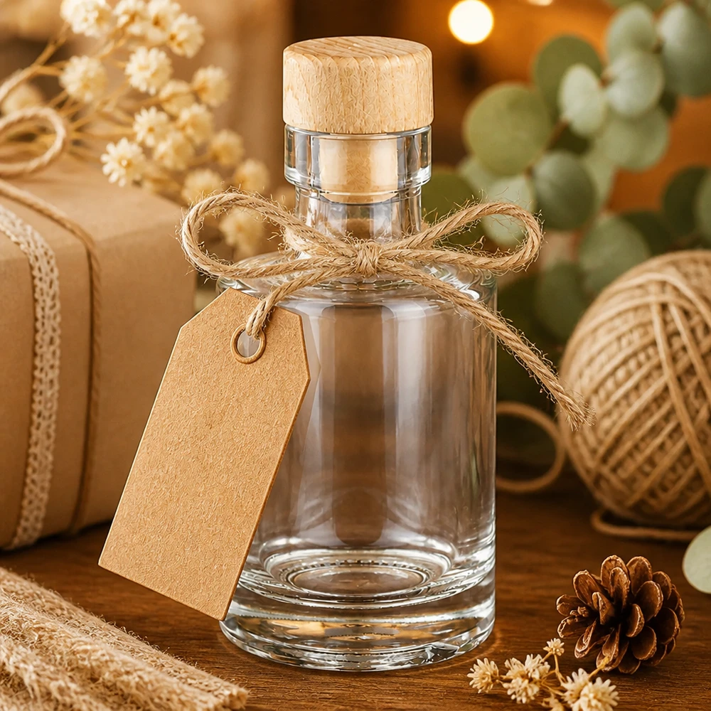 Bottiglia in vetro Marie da 100 ml con tappo in legno, confezionata con nastro di iuta e etichetta regalo in stile rustico.