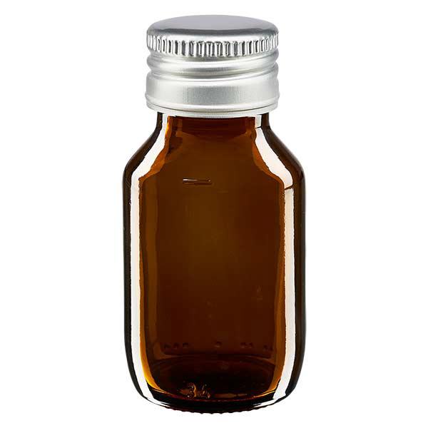 Flacone per medicinali da 50 ml marrone, con tappo in alluminio argentato A Flacone per medicinali da 50 ml marrone, con tappo in alluminio argentato A