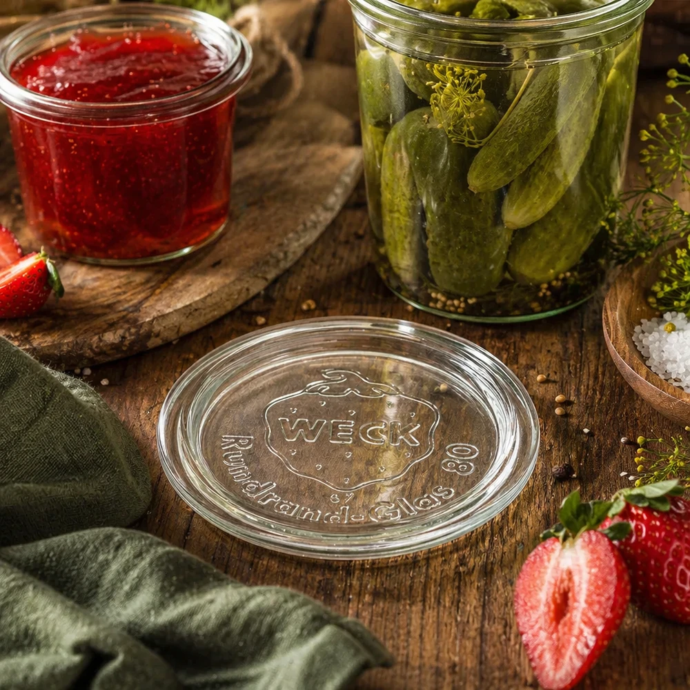 Coperchio in vetro WECK RR80 Coperchio per barattolo WECK RR80 in una scena di cucina naturale con barattoli di sottaceti e marmellata su un tavolo di legno