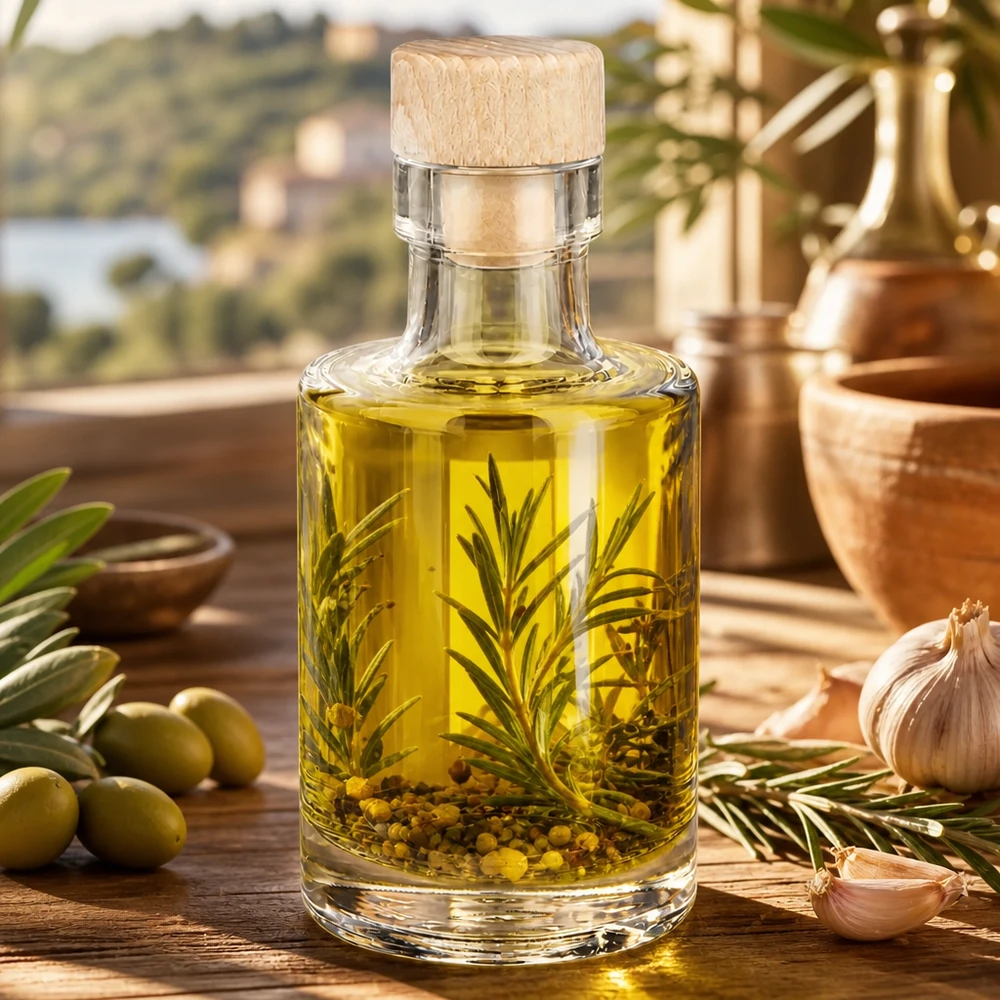 Bottiglia in vetro da 100 ml Marie con tappo in sughero con impugnatura in legno UNiTWIST® Bottiglia da 100ml in vetro Marie con tappo in legno riempita con olio alle erbe rosmarino in grani accanto a olive e aglio mediterra