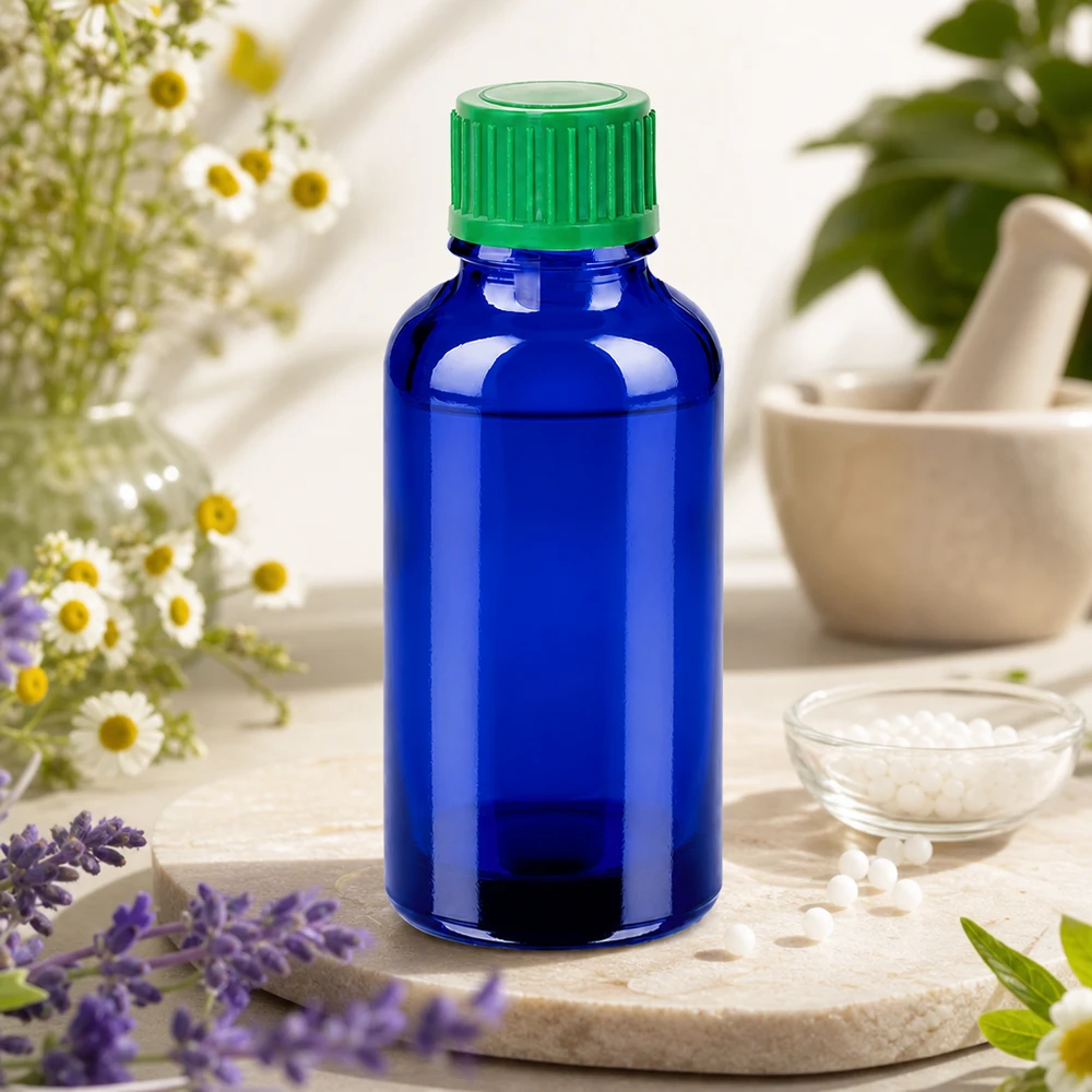 Flacone contagocce da 30 ml in vetro blu, con design ergonomico per una facile manipolazione.