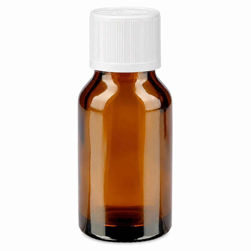 Apothekenflasche braun 30ml Schraubverschluss weiß Kindersicherung Standard Apothekenflasche aus Braunglas 30ml mit weißem KiSi Verschluss für medizinische Flüssigkeiten