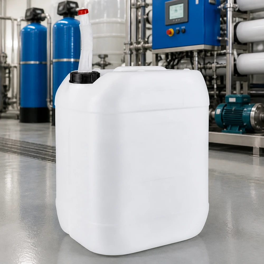 Kanister 20 Liter mit Auslaufrohr Flex Chemikalienbeständiger UN-Kanister 20L mit Flex-Ausgießer für sichere Dosierung von Betriebsstoffen