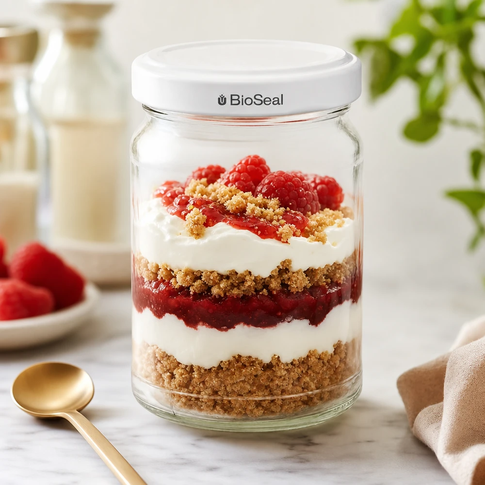 205ml Verre rond avec couvercle BioSeal blanc UNiTWIST UNiTWIST Runda205 avec couvercle TO58 BioSeal comme verre à dessert pour dessert en couches avec baies et crème fraîche