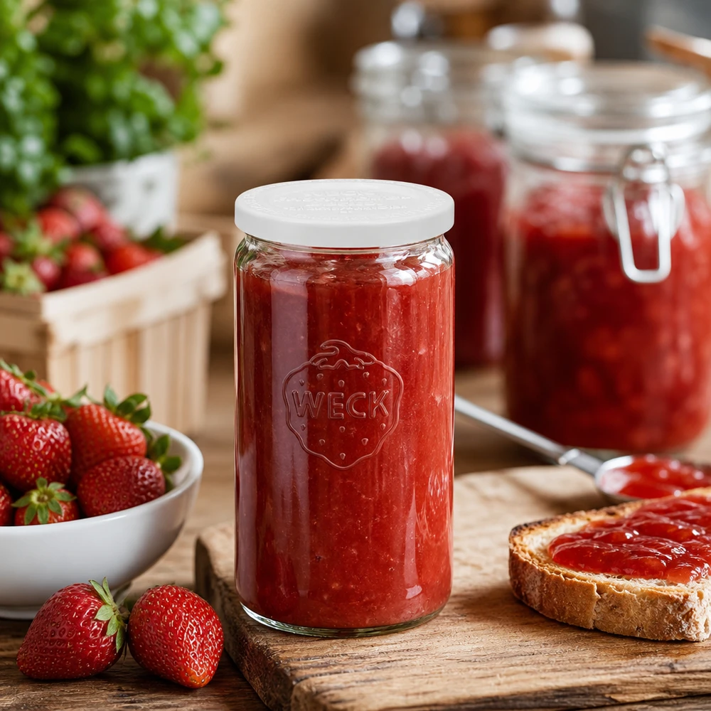 Barattolo cilindrico da 340 ml con coperchio salvafreschezza WECK RR60 Vaso cilindrico WECK da 340 ml riempito di marmellata di fragole in una cucina rustica con fragole fresche e pane
