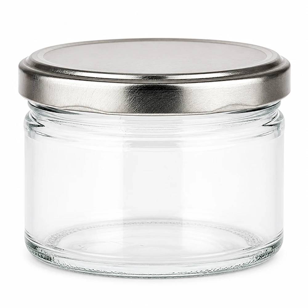 Vaso rotondo da 540 ml con coperchio BasicSeal argento opaco, vaso da conserva vuoto in vetro trasparente per la conservazione e il magazzinaggio.