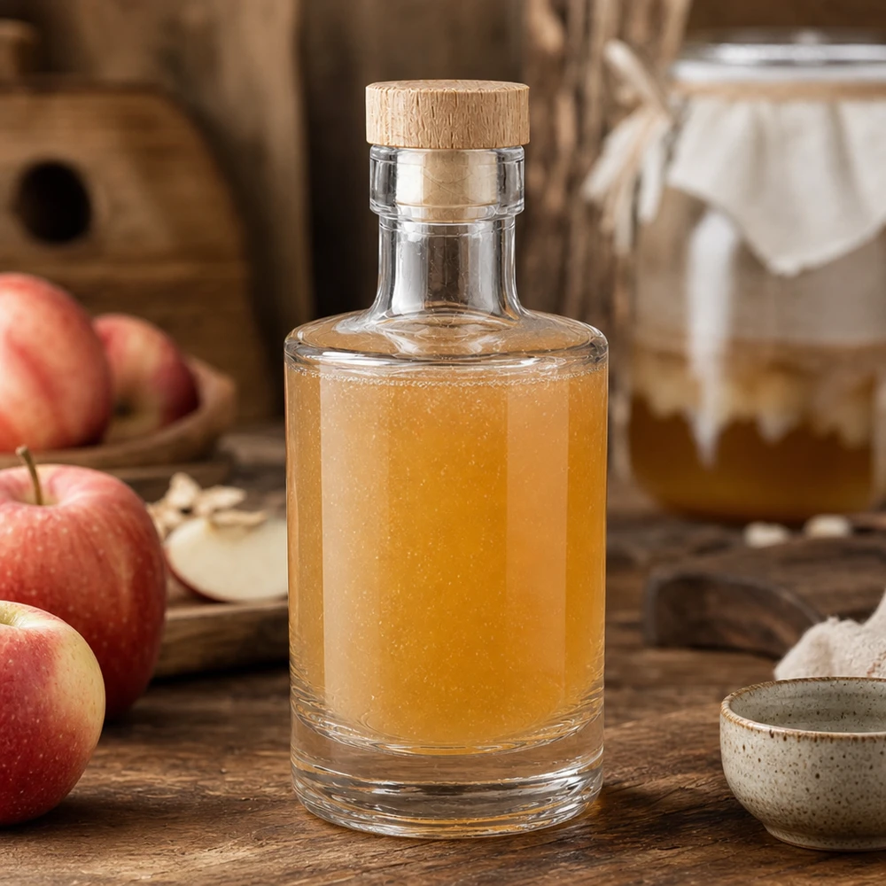 Bottiglia in vetro da 200 ml Marie con tappo in sughero con impugnatura in legno UNiTWIST® 200ml Glasflasche Marie mit Apfelessig befüllt, Holzkorken-Verschluss, rustikale Küchendeko mit frischen Äpfeln