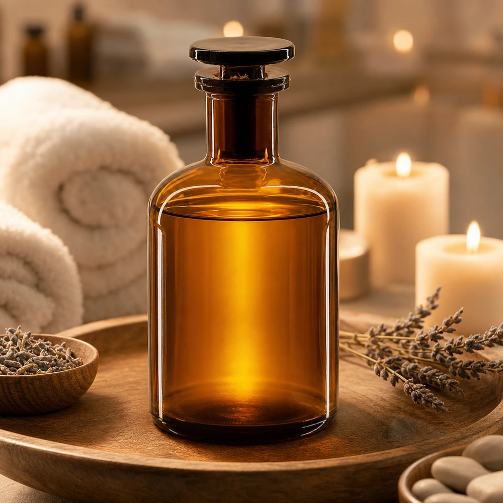 Bottiglia a spalla tonda 100ml marrone collo stretto tappo in vetro Flacone per aromaterapia da 100 ml, marrone, con spalle arrotondate e tappo in vetro, con lavanda e candele