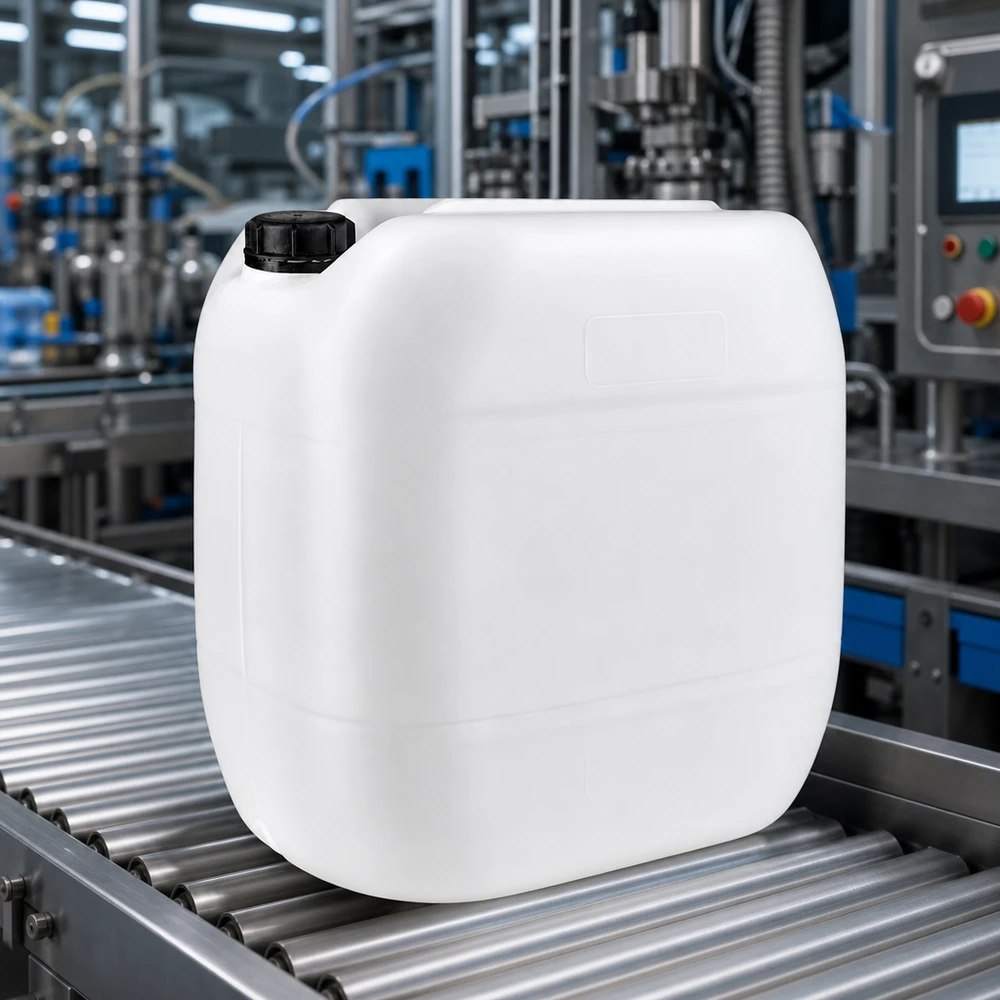 Jerrican de 30 litres avec bouchon à vis Bidon industriel blanc de 30 litres avec bouchon d'origine noir, sur un tapis roulant