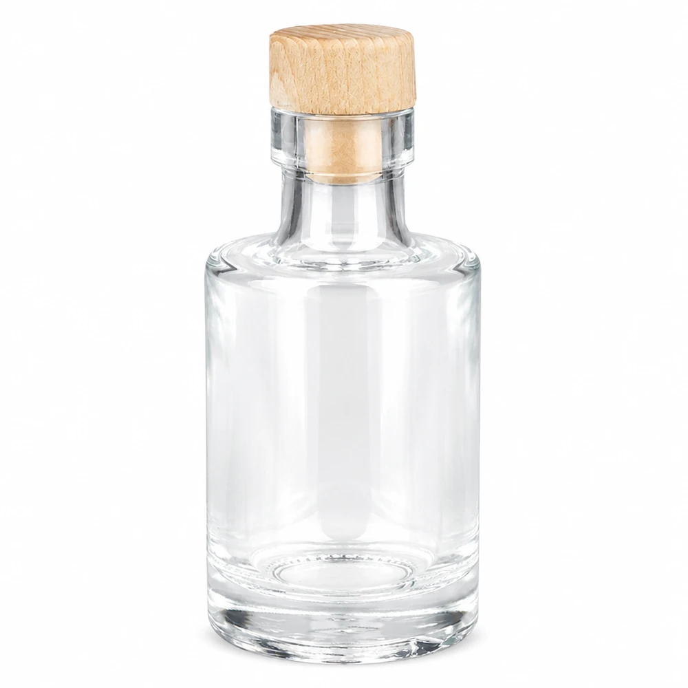 Bottiglia di vetro da 100 ml Marie con manico in legno e tappo in sughero UNiTWIST vuota trasparente Forma rotonda Foto del prodotto su sfondo bianco