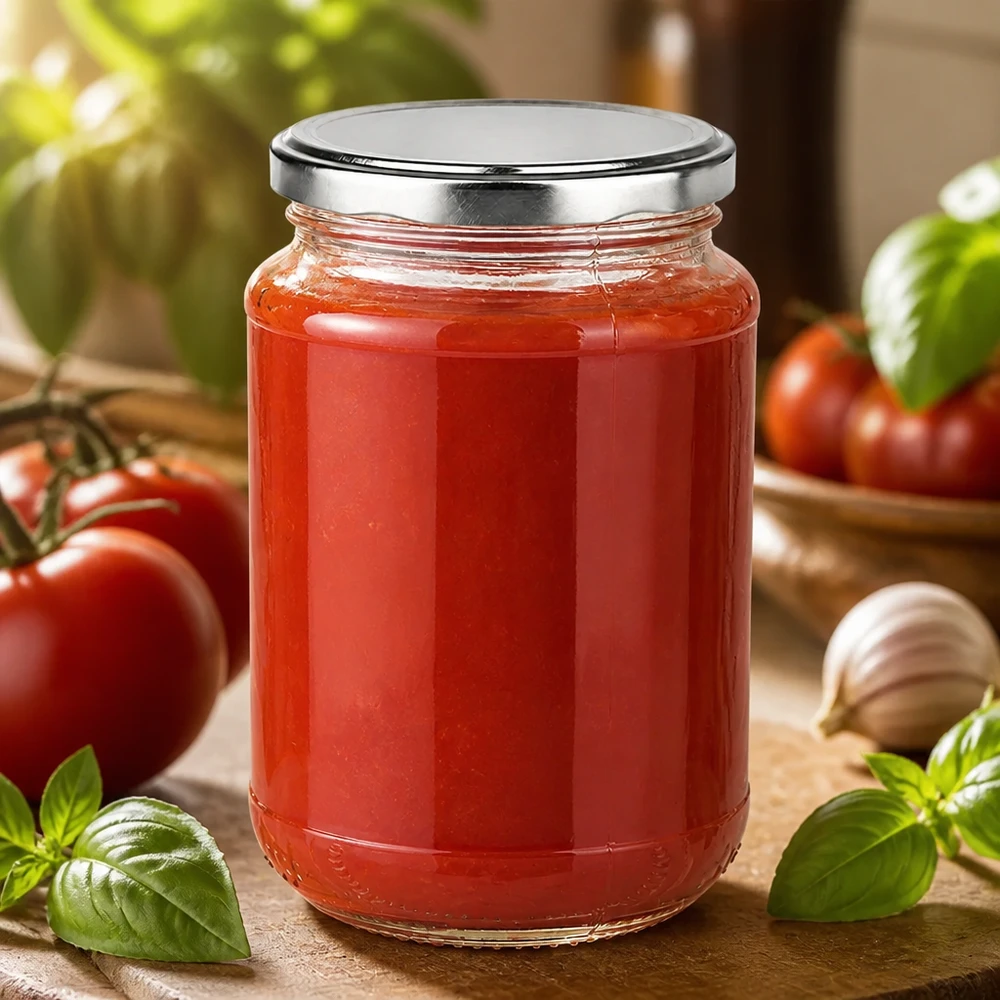 320ml Rundglas + BasicSeal silber UNiTWIST 320ml Einmachglas mit Tomatenpassata und frischem Basilikum Knoblauch und reifen Tomaten