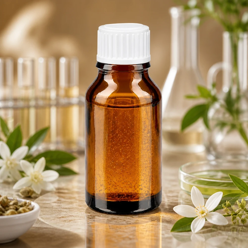 Apothekenflasche braun 15ml Schraubverschluss weiß Standard Apothekenflasche aus UV-Schutzglas 15ml mit weißem Verschluss neben Petrischale und Pflanzendekoration