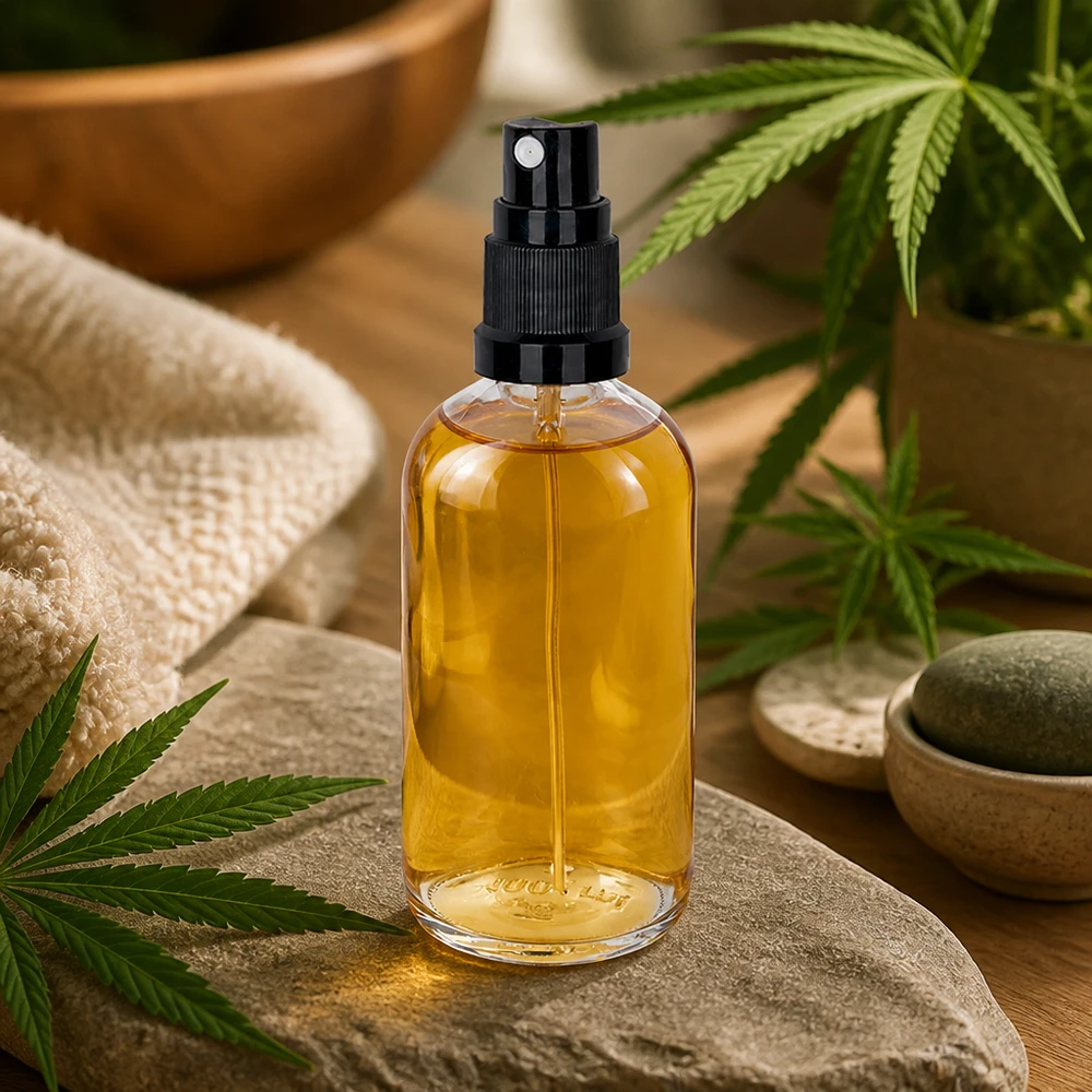 Flacone spray con olio al CBD da 100 ml, in vetro trasparente con dosatore a pompa nero e immagine di una pianta di canapa – Benessere