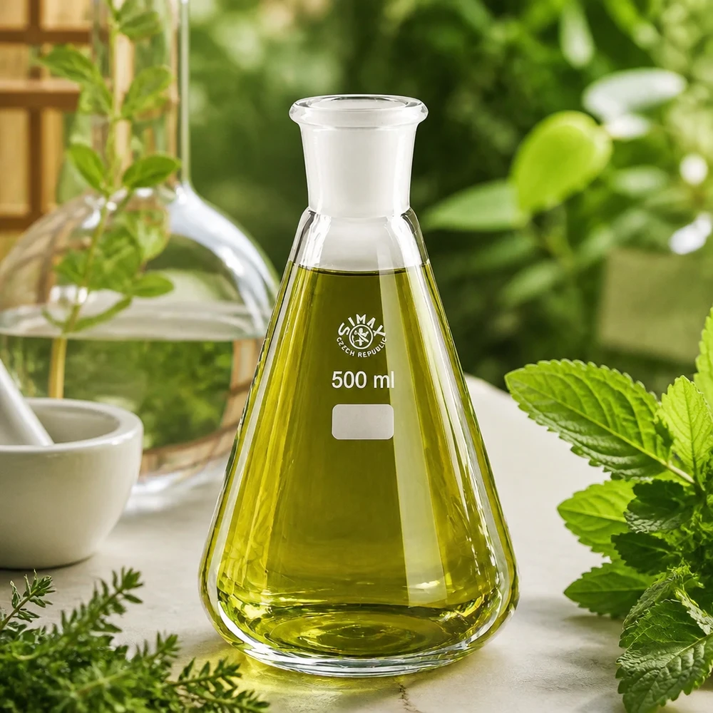 Fiaschetta in vetro da 500 ml con contenuto verde oliva e giunto professionale molato 29/32