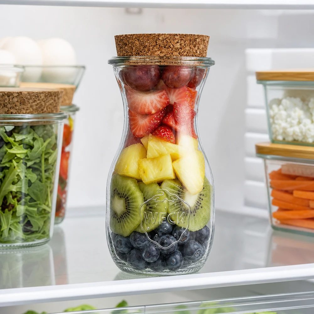 Bottiglia di succo da 290 ml WECK RR60 con tappo in sughero naturale Bottiglia di succo WECK da 290 ml RR60 con mix di frutta mirtilli kiwi ananas fragole in frigo Preparazione del pasto