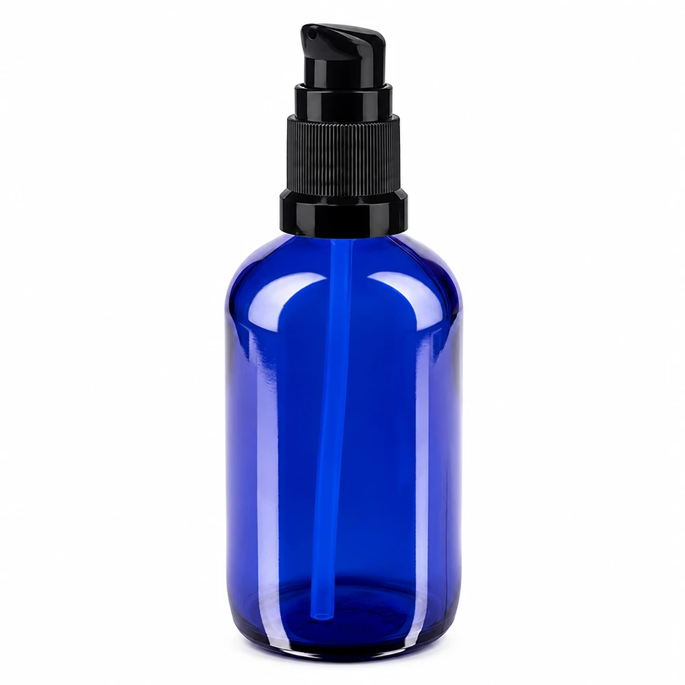 Apothekenflasche blau 100ml PumpVerschluss schwarz Standard Zylindrische blaue Apothekerglasflasche 100ml mit schwarzem Lotion-Pumpkopf
