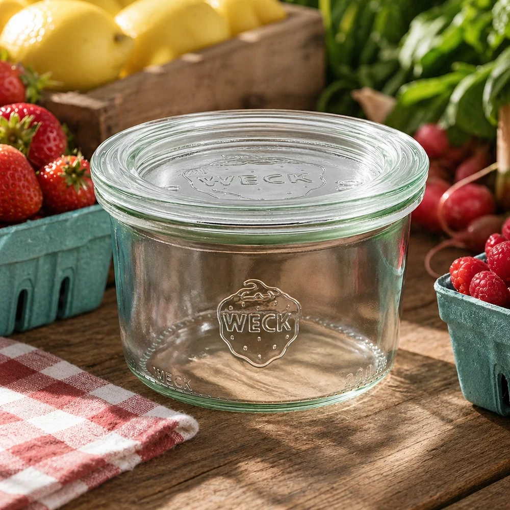 200ml Sturzglas mit Glasdeckel WECK RR80 WECK Einmachglas 200ml RR80 in natürlicher Küchenumgebung mit frischen Früchten und Gemüse dekoriert