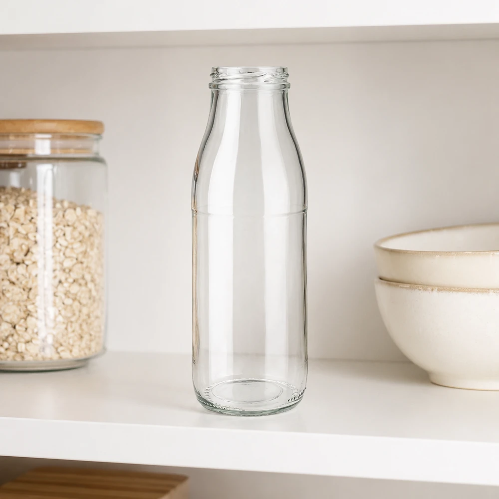 Bottiglia di vetro da 500 ml TO48 UNiTWIST senza coperchio sul ripiano bianco della cucina accanto alla ciotola per cereali e al barattolo per la conservazione dei prodotti.