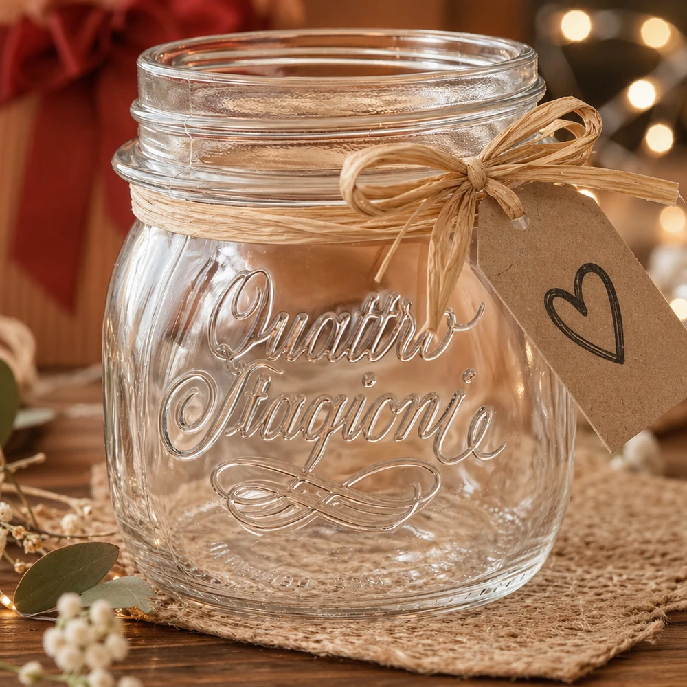 Bicchiere da 250 ml per uso domestico "Quattro Stagioni Vasetto Quattro Stagioni da 250 ml con nastro e ciondolo a cuore come idea regalo per la cucina