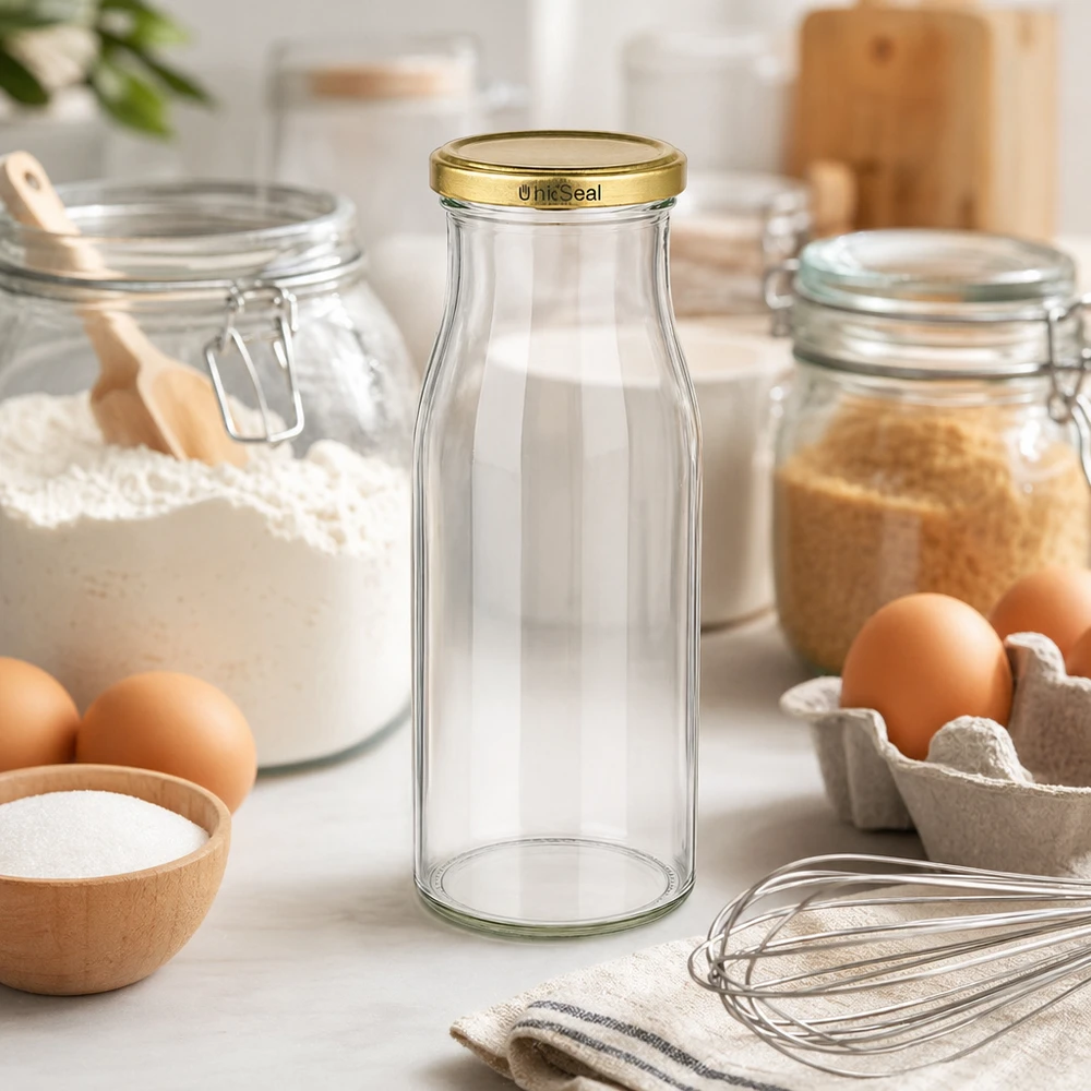 UNiTWIST Glasflasche 150ml leer auf Küchenarbeitsplatte mit Backzutaten Eier Mehl Schneebesen goldener Deckel