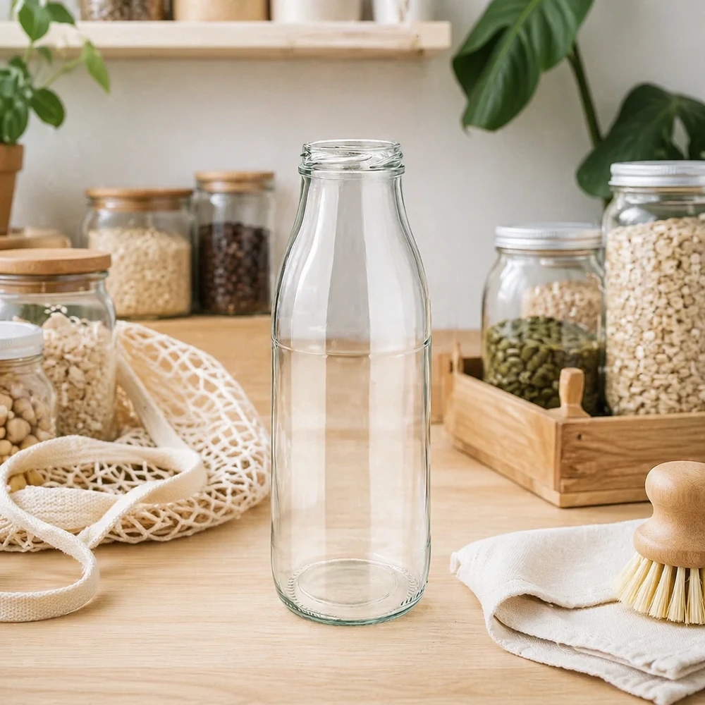 Bottiglia in vetro da 500 ml TO48 UNiTWIST vuota in cucina sostenibile a spreco zero con barattoli di stoccaggio e fibre naturali