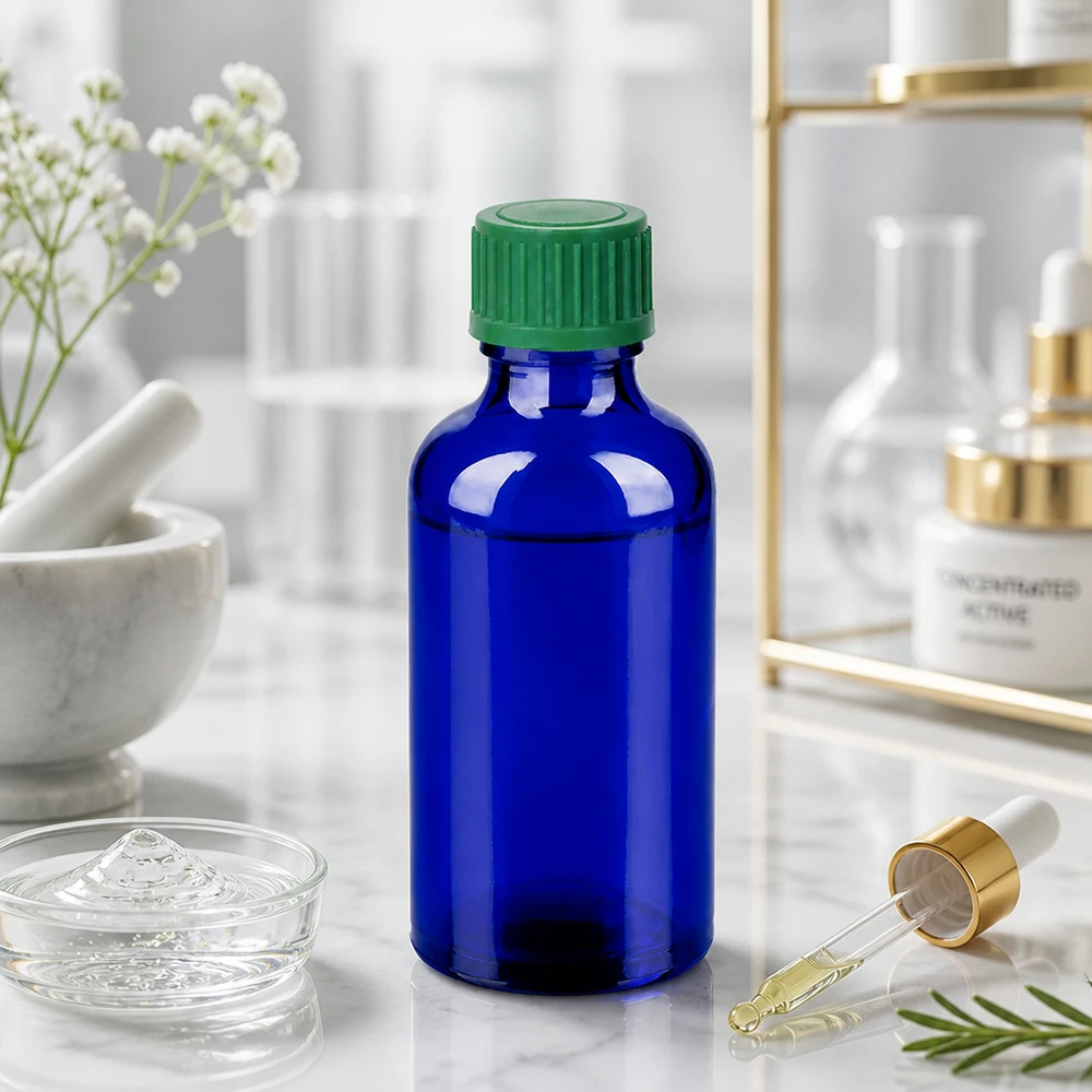 Flacone contagocce professionale da 50 ml serie BlueLine con beccuccio contagocce standardizzato da 0,8 mm