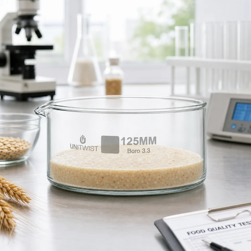 Cristallisoir ø125mm verre borosilicaté UNiTWIST Bol de cristallisation de 125 mm UNiTWIST Boro 3.3 rempli de bouillie de céréales lors d'un test de qualité alimentaire en laboratoire