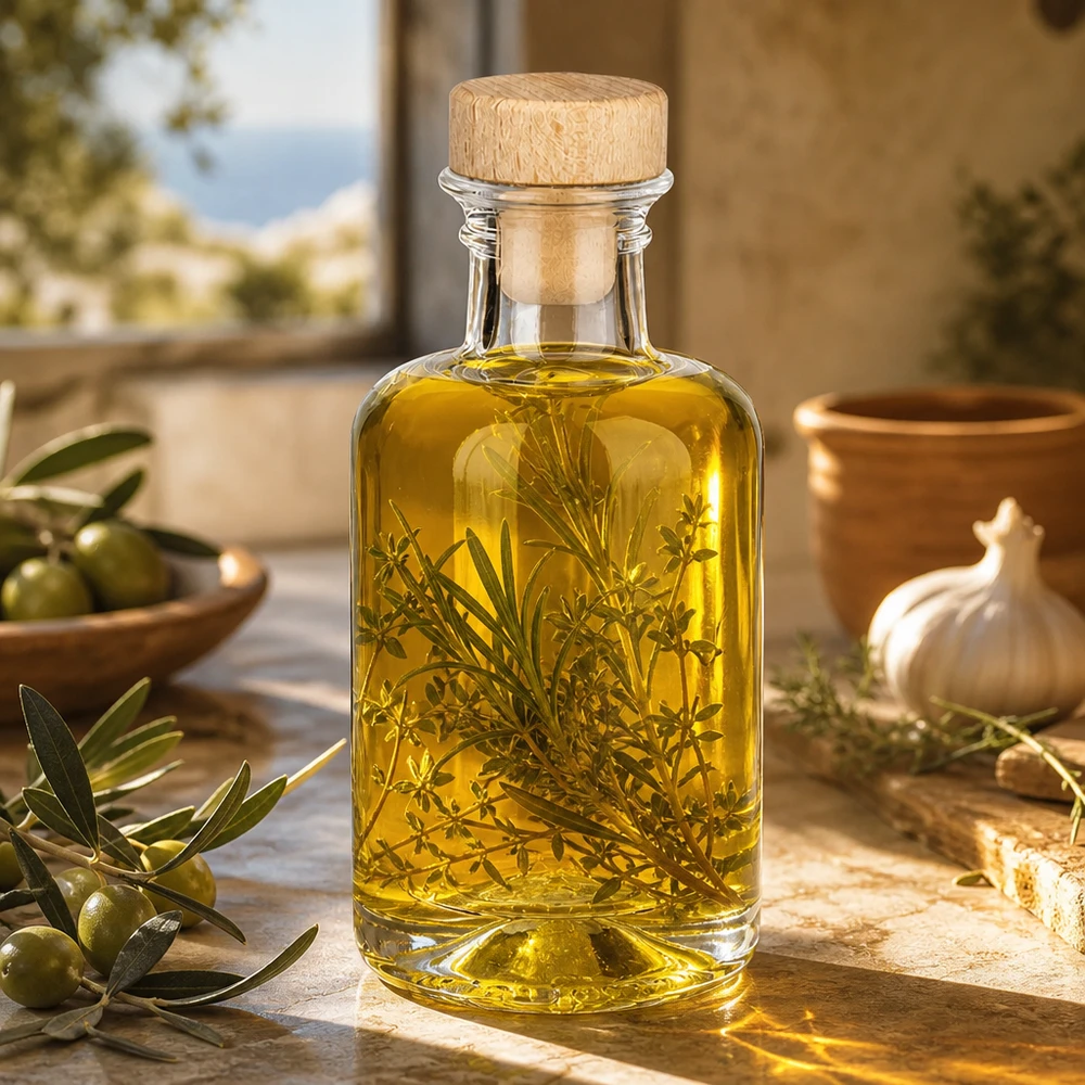 Flacone farmaceutico da 100 ml Sofia con tappo in sughero con impugnatura in legno UNiTWIST® 100ml Glasflasche Sofia mit Holzkorken gefüllt mit Kräuteröl und Rosmarin mediterrane Küche Olivenöl Infusion