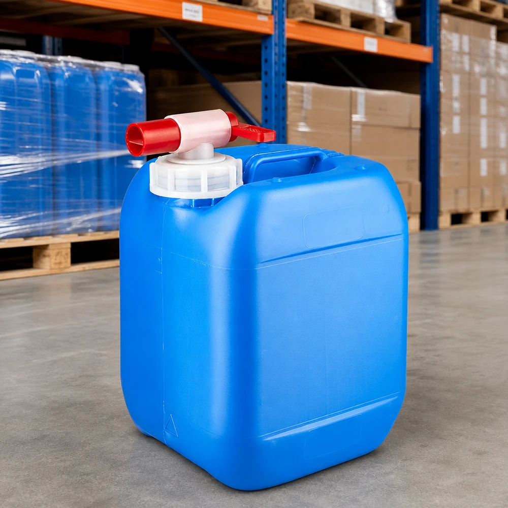 Kanister 5 Liter blau mit Auslaufhahn Stapelbarer blauer Industriekanister 5 Liter mit Sicherheitshahn vor Lagerregalen
