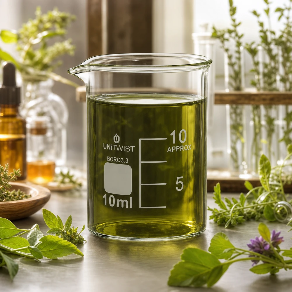 Bicchiere da 10 ml in borosilicato, a basso stampo UNiTWIST Bicchiere UNiTWIST da 10 ml con estratto di erbe verdi circondato da piante medicinali fresche